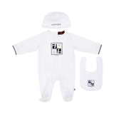 Front view of the Aigner newborn white 3 piece set with sleepsuit hat and bib logo design Now Available Online