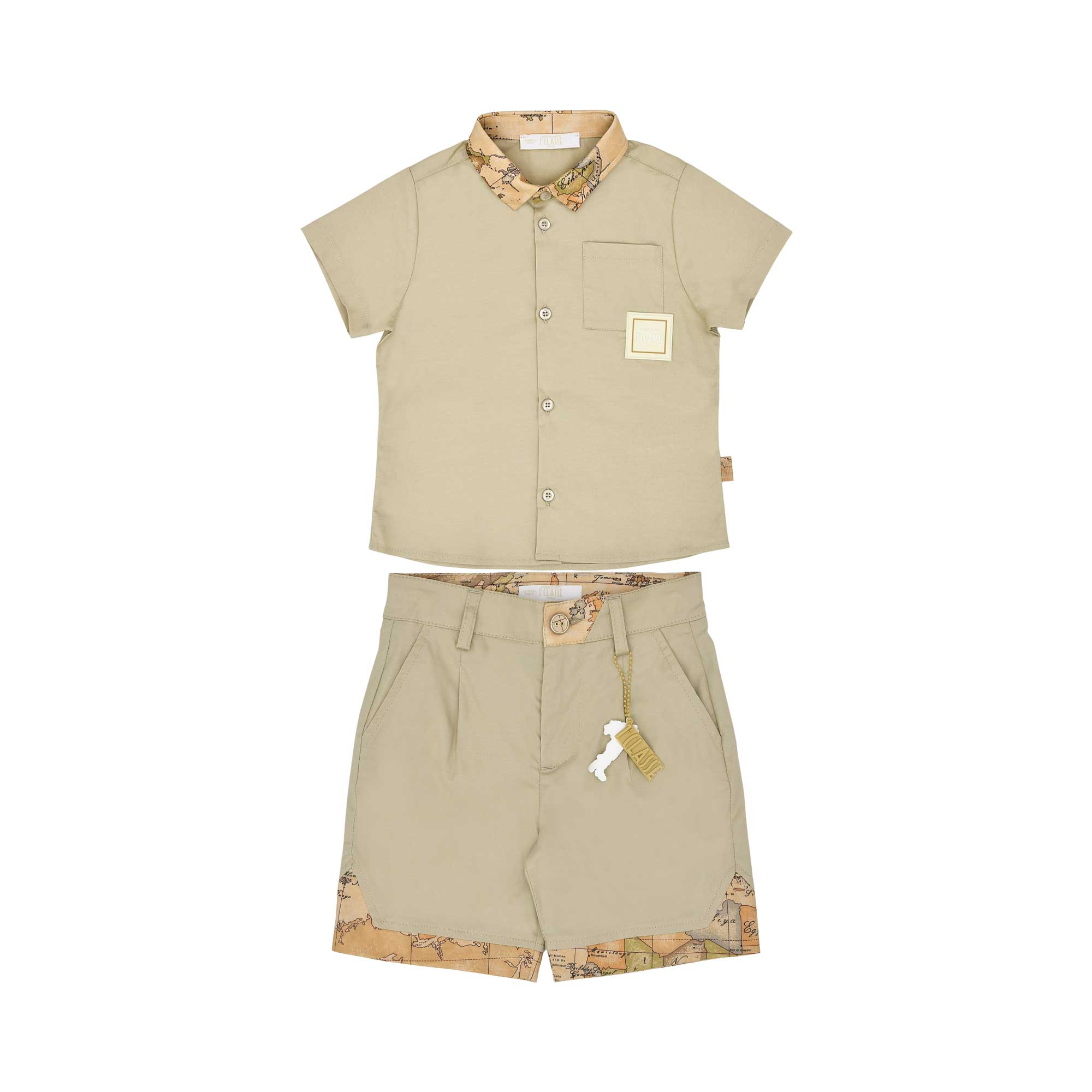 Front view of the Alviero Martini Kids Beige Polo Shirt & Bermuda Shorts Set. Find Online Today at Blue Salon Qatar.