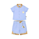 Front view of the Alviero Martini Kids Blue Polo Shirt & Bermuda Shorts Set. Find Online Today at Blue Salon Qatar.