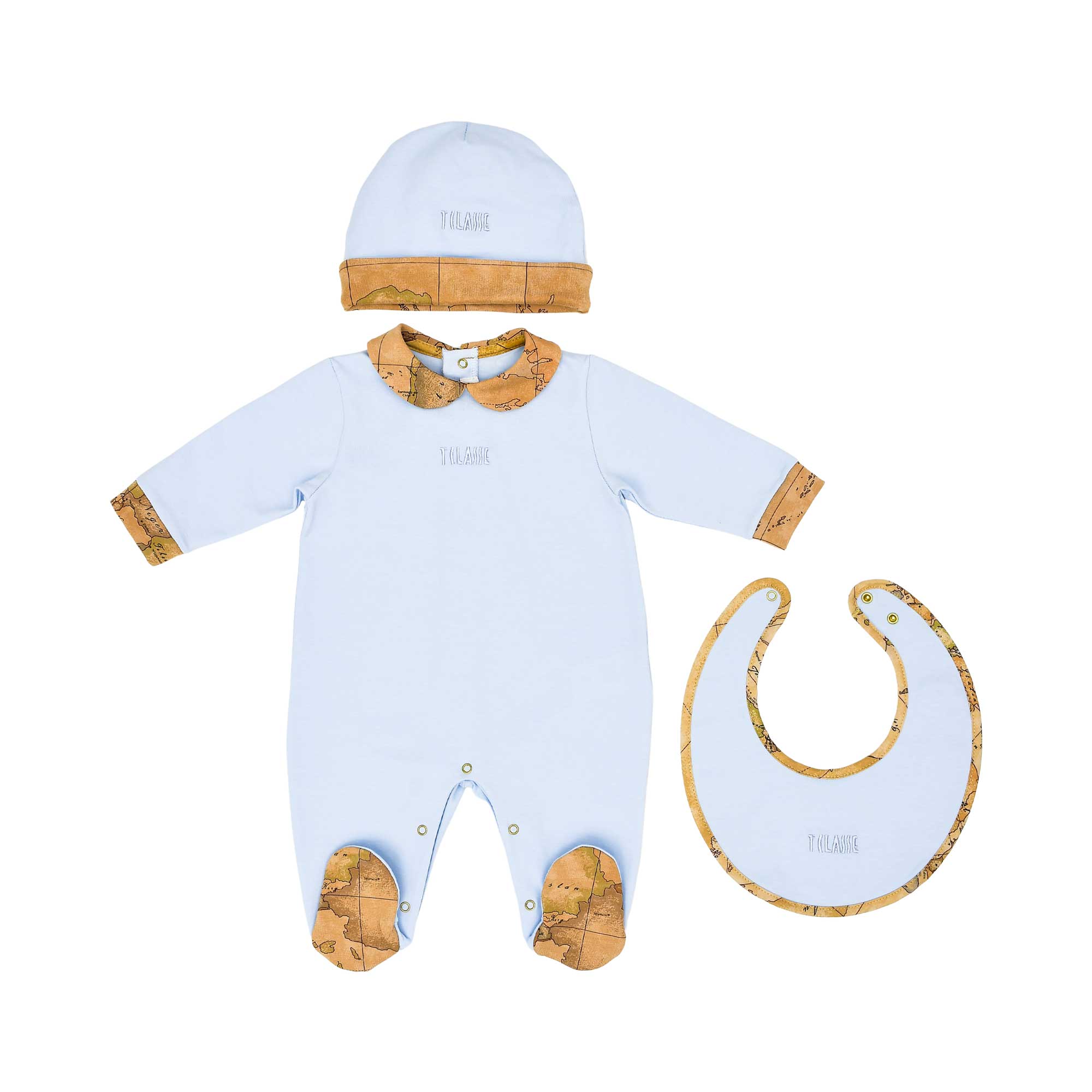 Front view of the Alviero Martini Kids Newborn Blue Geo Sleepsuit Set with Hat & Bib. Order Online Today at Blue Salon Qatar