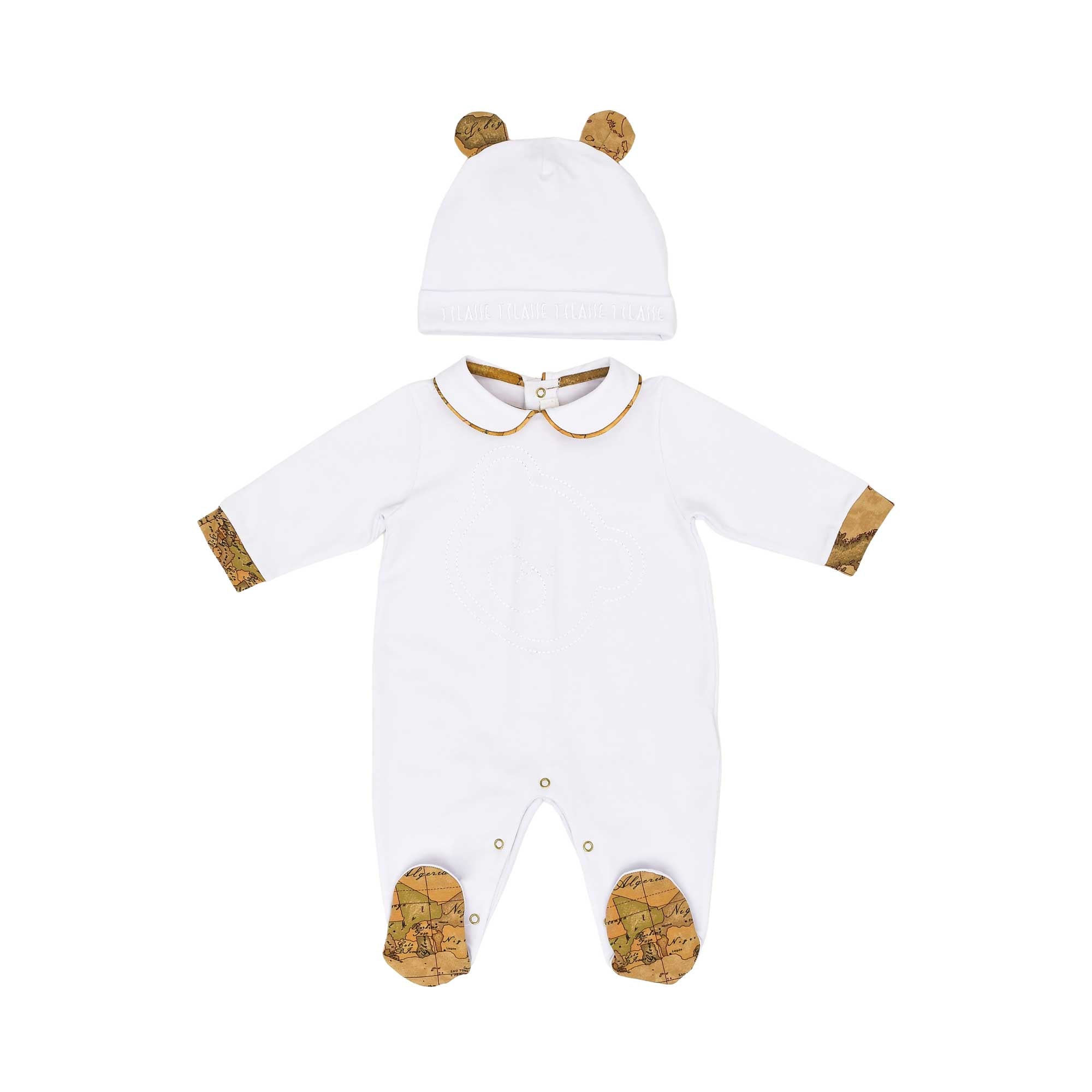 Front view of the Alviero Martini Kids Newborn White Sleepsuit with Teddy Ear Hat. Shop the Latest Online at Blue Salon Qatar.