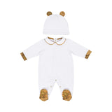 Front view of the Alviero Martini Kids Newborn White Sleepsuit with Teddy Ear Hat. Shop the Latest Online at Blue Salon Qatar.