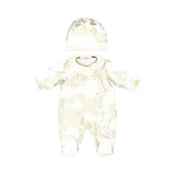 Front view of the Alviero Martini Kids Newborn's Gold Geo Print Sleepsuit Set with Hat. Shop Now Online at Blue Salon Qatar.