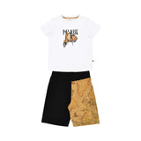 Front view of the Alviero Martini Kids White Graphic T-Shirt & Black Geo Bermuda Set. Shop the Collection Now Online at Blue Salon Qatar.