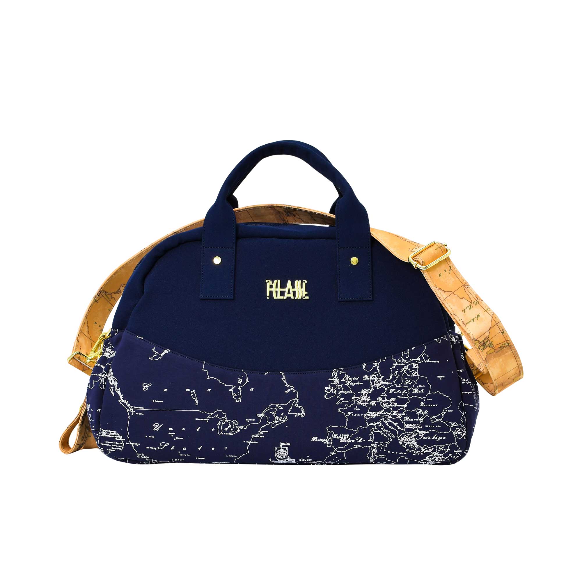Front view of the Alviero Martini kids blue Geo map changing bag. Order Online Today