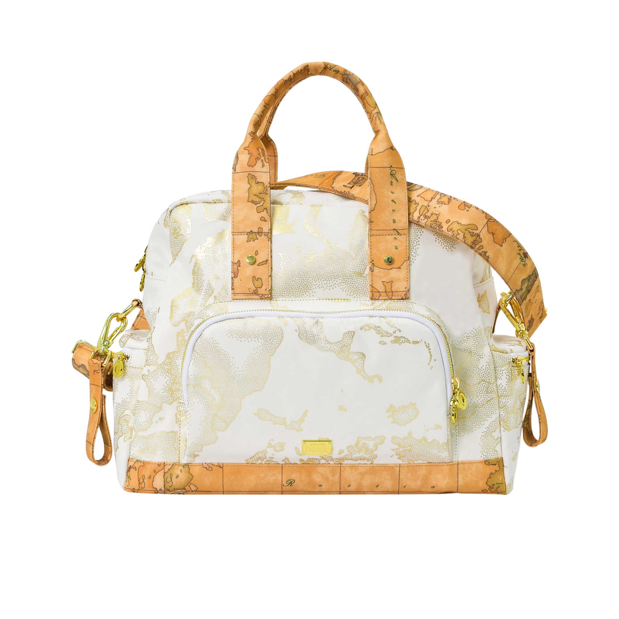 Front view of the Alviero Martini kids white Geo map changing bag. Available for Online Purchase at Blue Salon Qatar