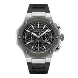 Front view of the Cerruti 1881 Lucardo men's chronograph watch, highlighting the black multi-dial face, luminous steel indices, and patterned black silicone strap.