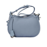 Front view of the Karisma Textured Leather Crossbody Bag in Blue, showing the curved top and silver-tone hardware. Available Online