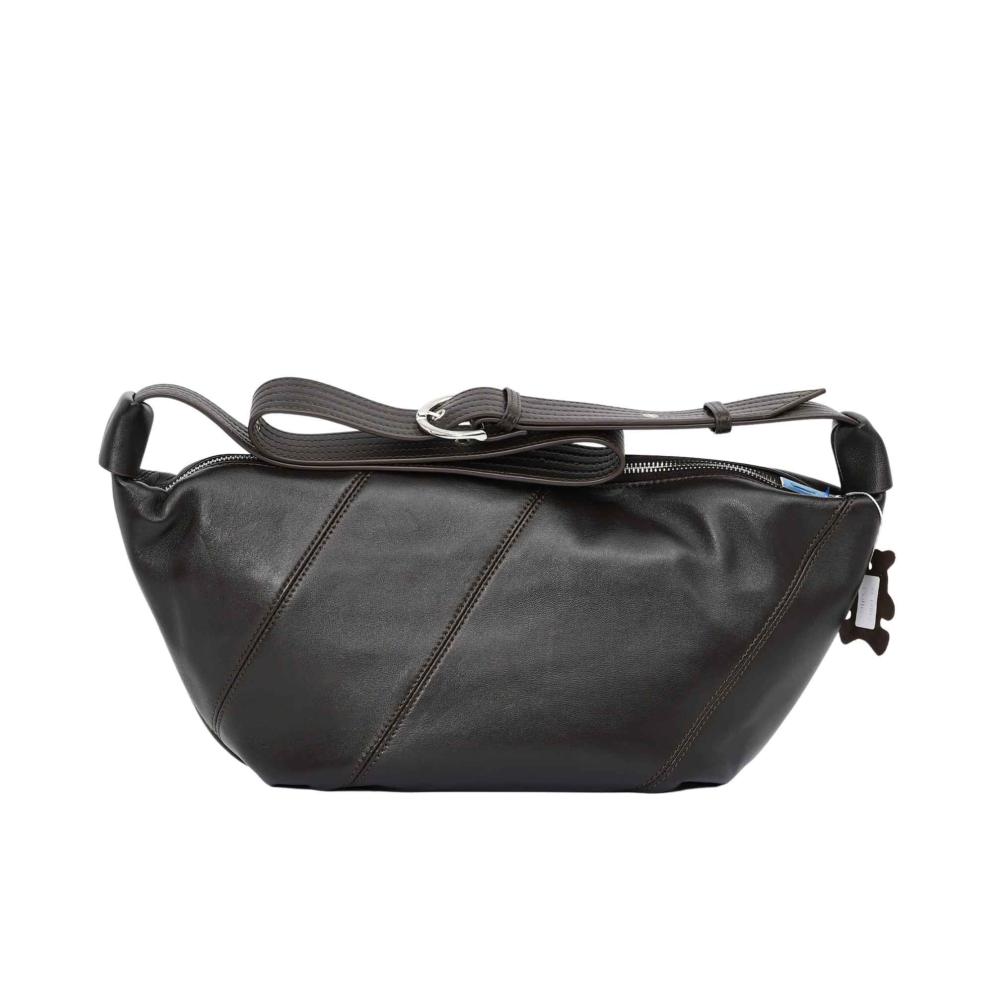 Front view of the Karisma leather shoulder bag in Coffee with adjustable strap and stitched panel detailing. Find the Collection Online