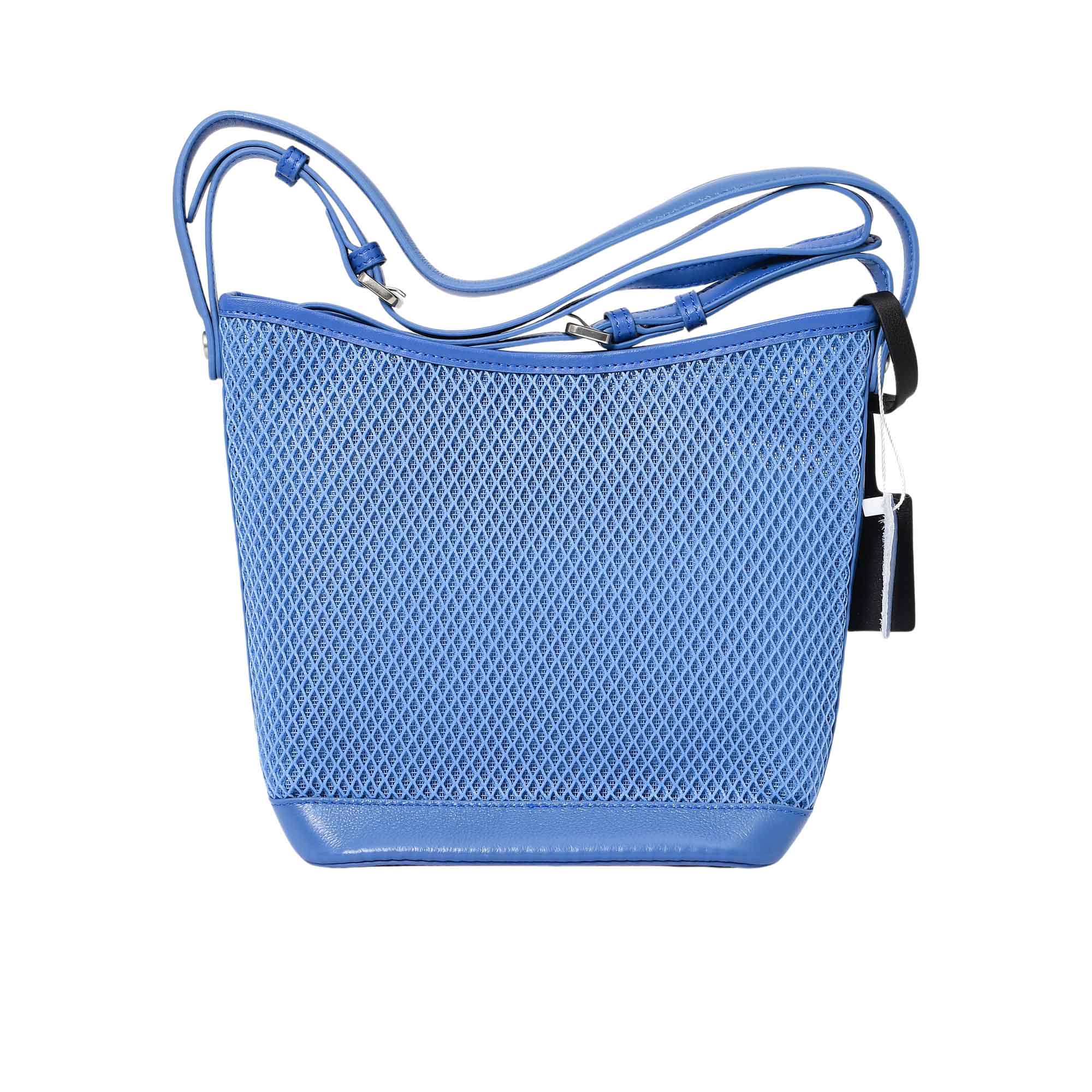 Front view of the Karisma mesh leather crossbody bucket bag in Blue, featuring a geometric mesh pattern, adjustable crossbody strap, and signature logo tag. Shop Now Online