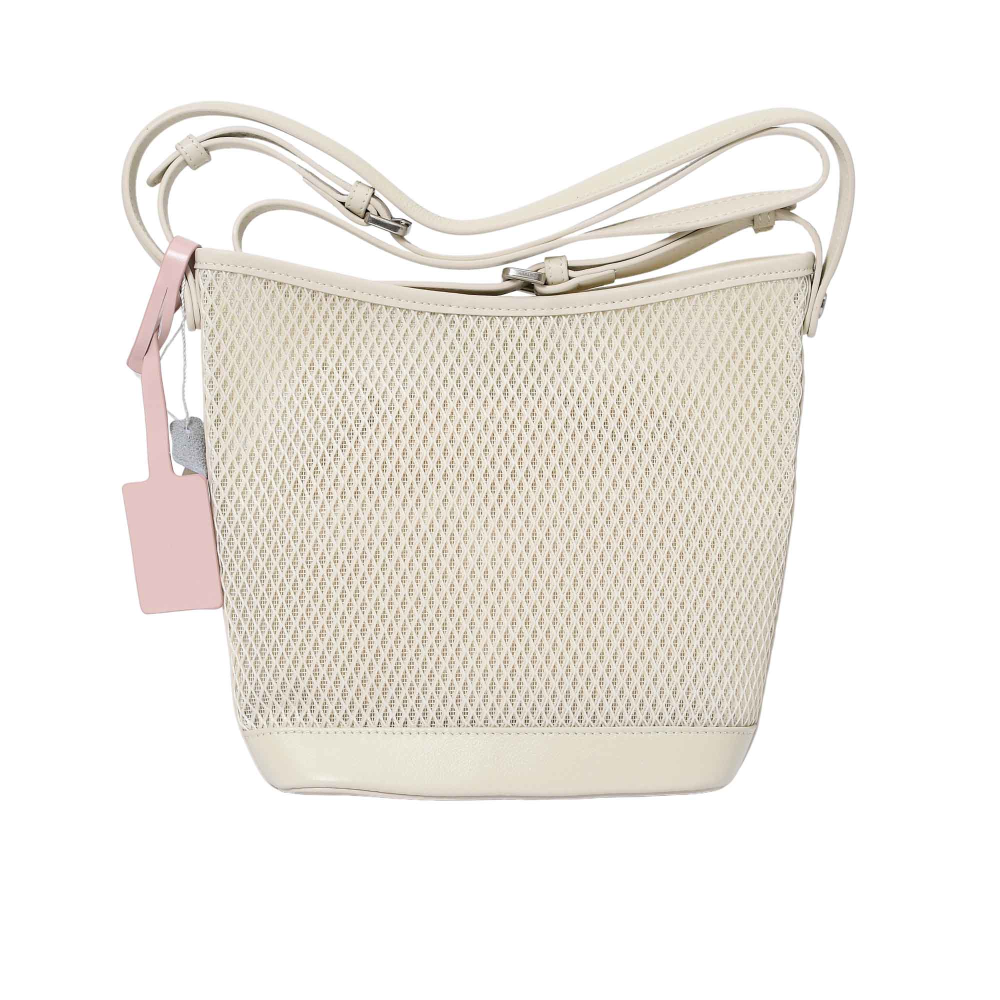 Front view of the Karisma mesh leather crossbody bucket bag in White, featuring a geometric mesh pattern, adjustable crossbody strap, and signature logo tag. Shop Now Online