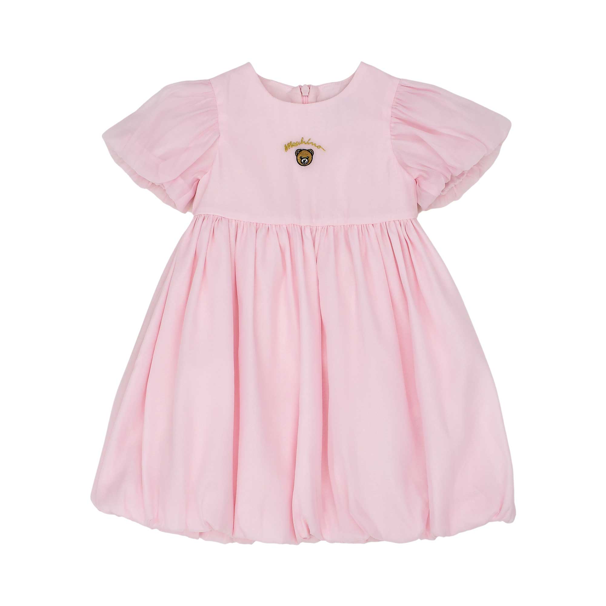 Front view of the Moschino baby girl pink dress puff sleeves teddy logo Available for Online Purchase