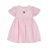 Front view of the Moschino baby girl pink dress puff sleeves teddy logo Available for Online Purchase