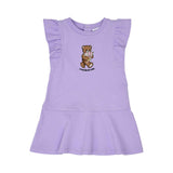 Front view of the Moschino kids baby girl purple dress teddy print ruffle sleeves. Shop the Latest Online