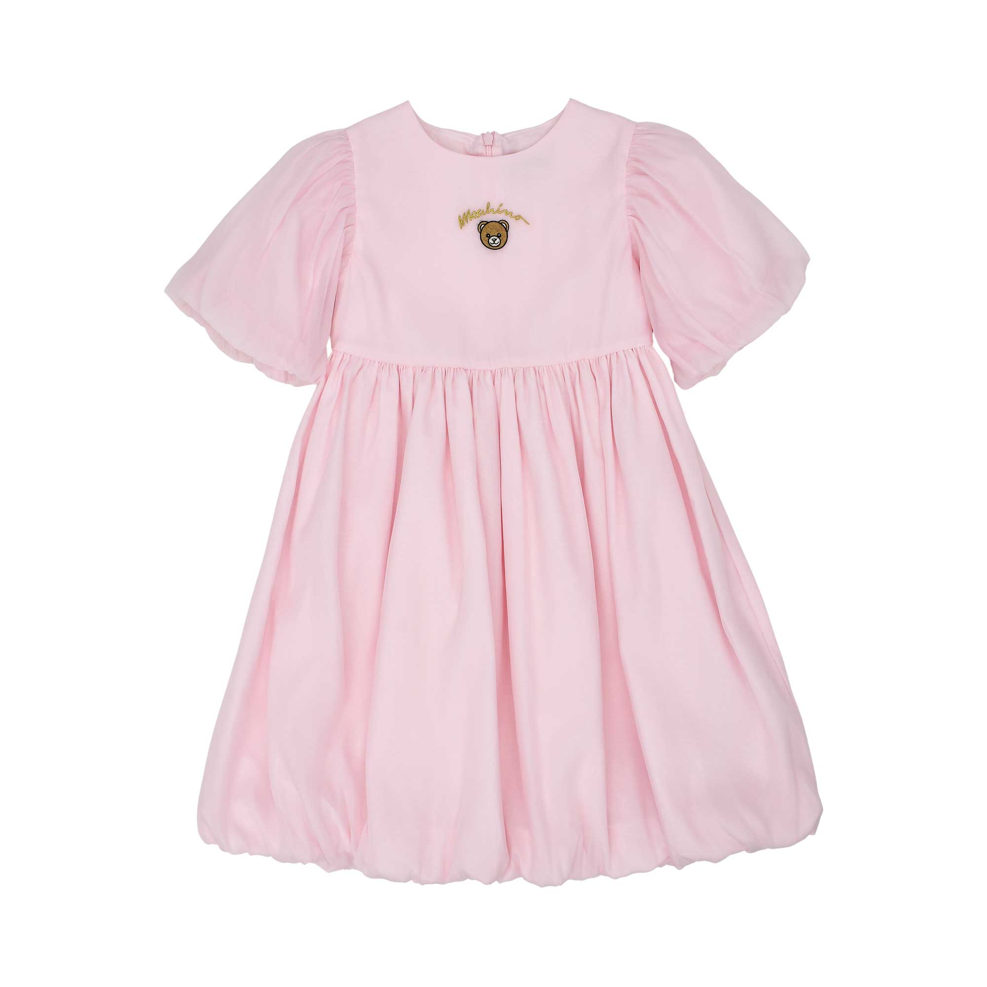 Front view of the Moschino kids girl pink teddy logo dress puff sleeves. Shop the Latest Collection Online.