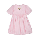 Front view of the Moschino kids girl pink teddy logo dress puff sleeves. Shop the Latest Collection Online.