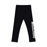 Front view of the Moschino kids girls black logo leggings stretch slim fit. Shop Now Online