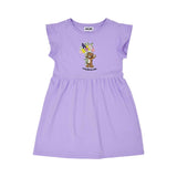 Front view of the Moschino kids girls floral teddy dress in Purple with flared skirt. Available for Online Purchase