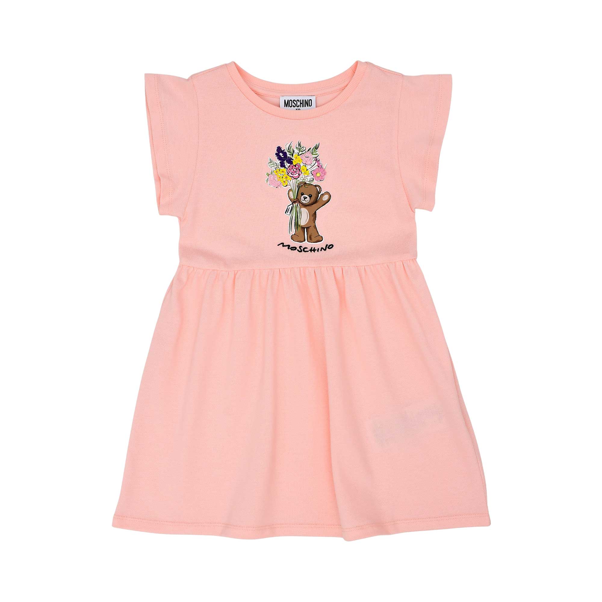 Front view of the Moschino kids girls floral teddy dress in pink with flared skirt. Available for Online Purchase