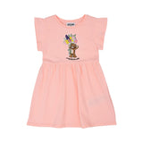 Front view of the Moschino kids girls floral teddy dress in pink with flared skirt. Available for Online Purchase