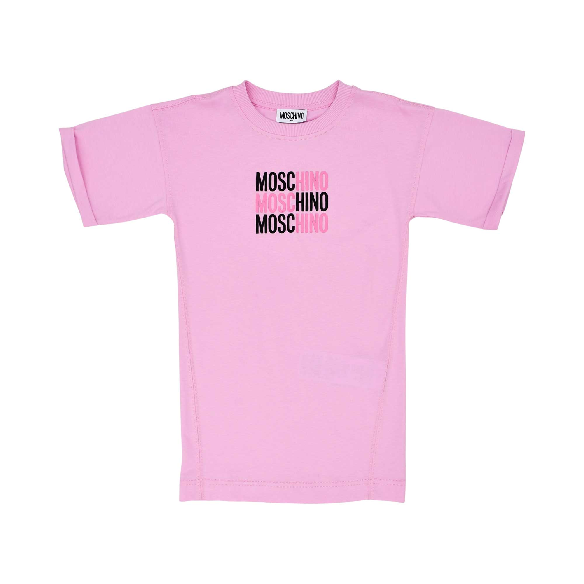 Front view of the Moschino kids girls pink logo print dress short sleeve. Available Online Today