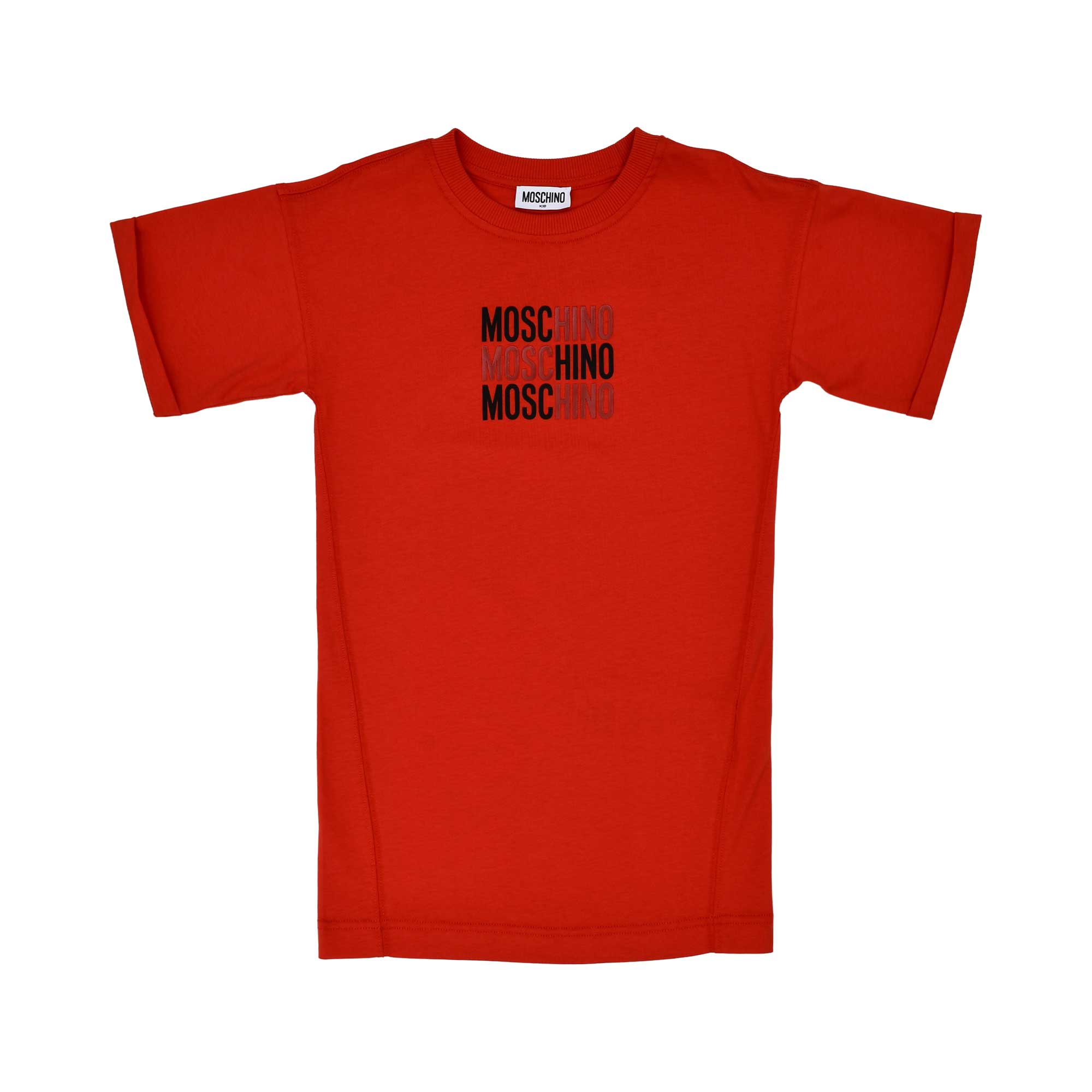 Front view of the Moschino kids girls red logo print dress short sleeve. Available Online Today