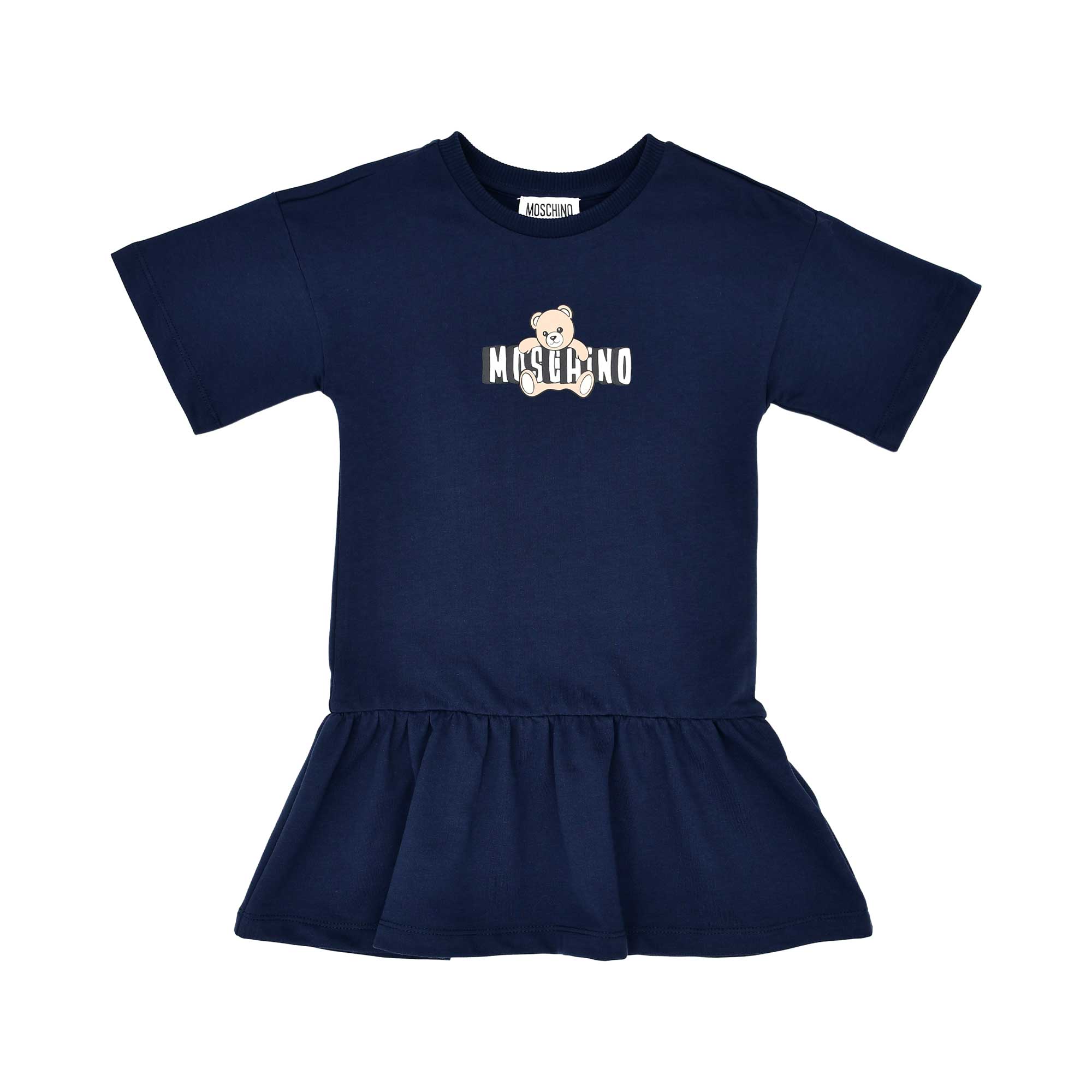 Front view of the Moschino kids girls teddy logo dress in navy with flared hem. Order Online Today