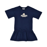 Front view of the Moschino kids girls teddy logo dress in navy with flared hem. Order Online Today