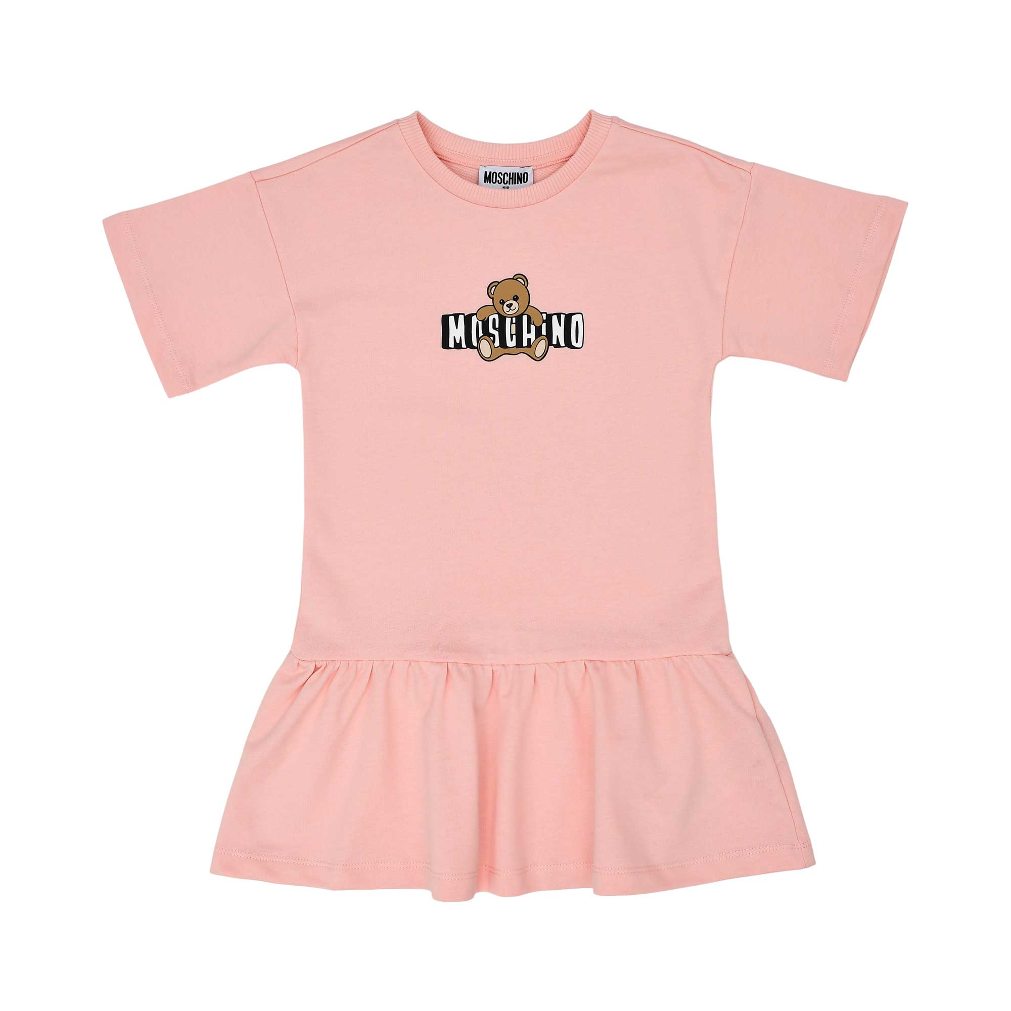 Front view of the Moschino kids girls teddy logo dress in pink with flared hem. Order Online Today