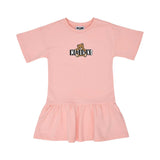 Front view of the Moschino kids girls teddy logo dress in pink with flared hem. Order Online Today