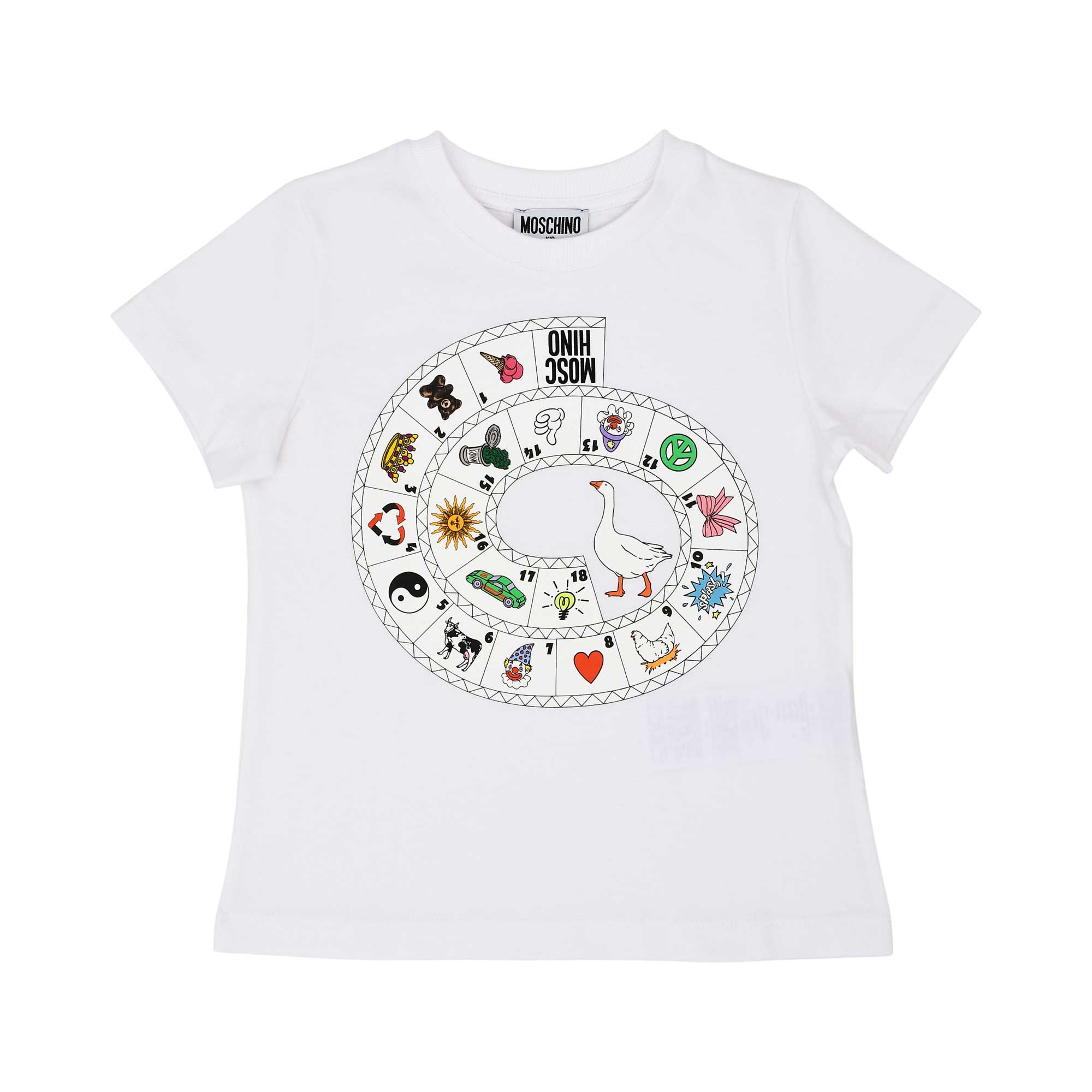 Front view of the Moschino kids girls white graphic print T-shirt cotton. Available Online