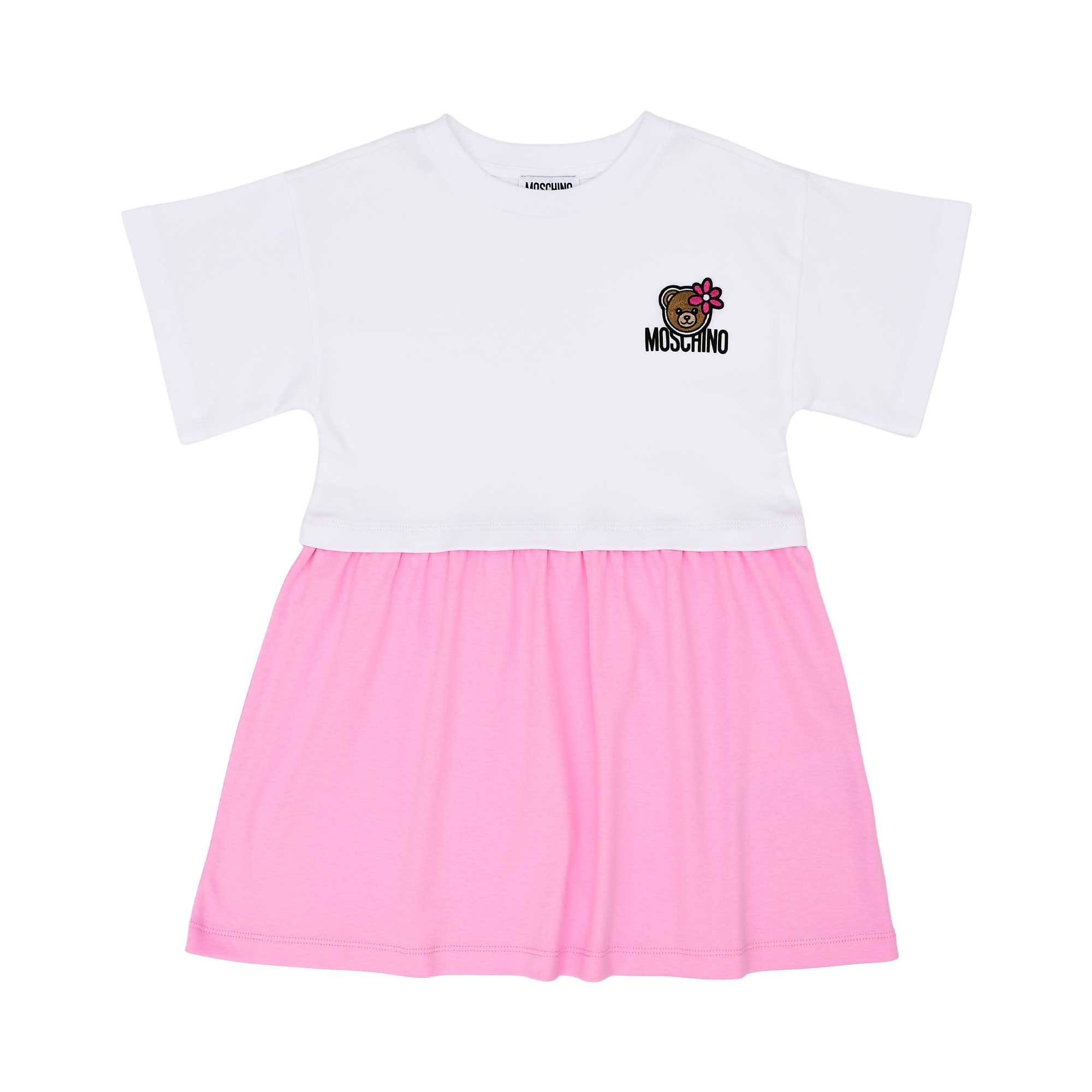 Front view of the Moschino kids girls white pink teddy logo dress flared skirt. Shop the Latest Online