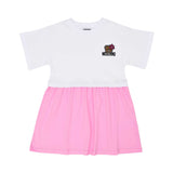 Front view of the Moschino kids girls white pink teddy logo dress flared skirt. Shop the Latest Online
