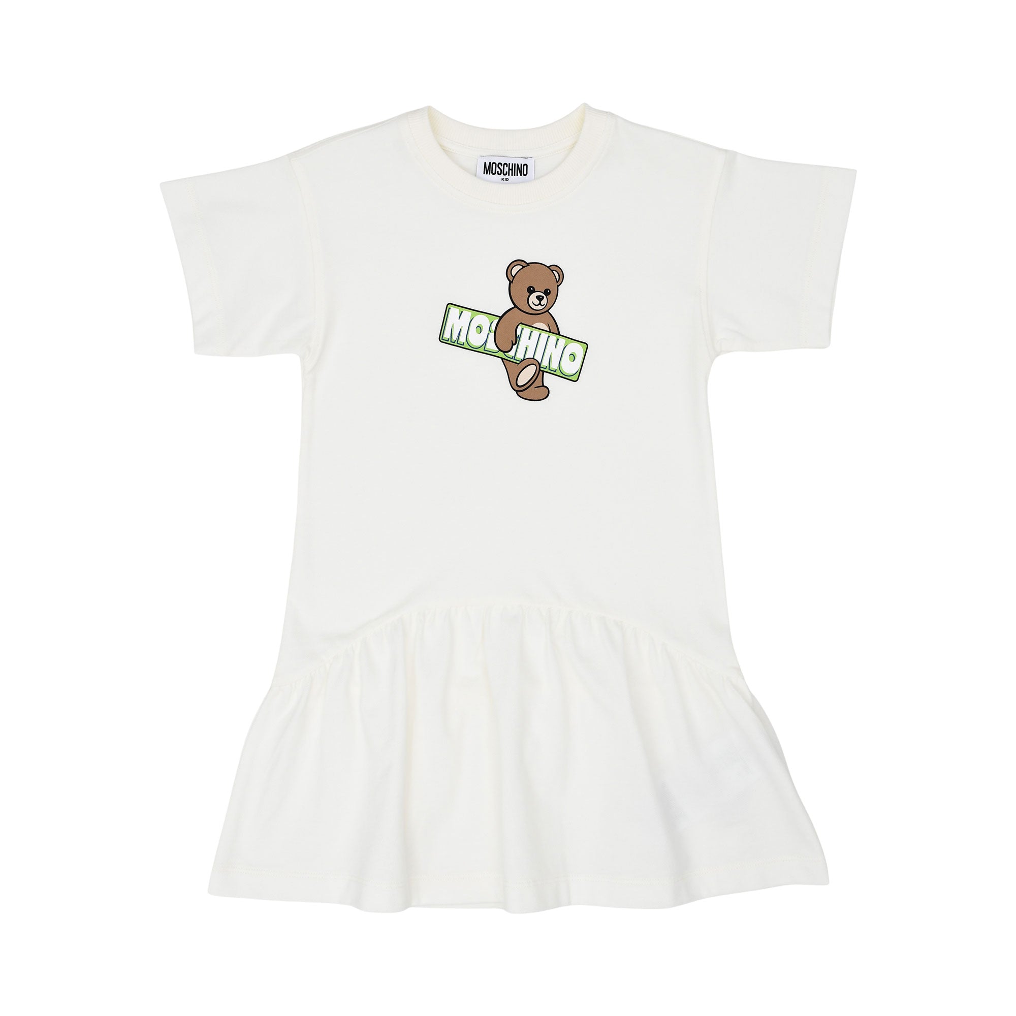Front view of the Moschino kids girls white teddy logo dress flared hem. Shop Now Online