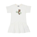 Front view of the Moschino kids girls white teddy logo dress flared hem. Shop Now Online