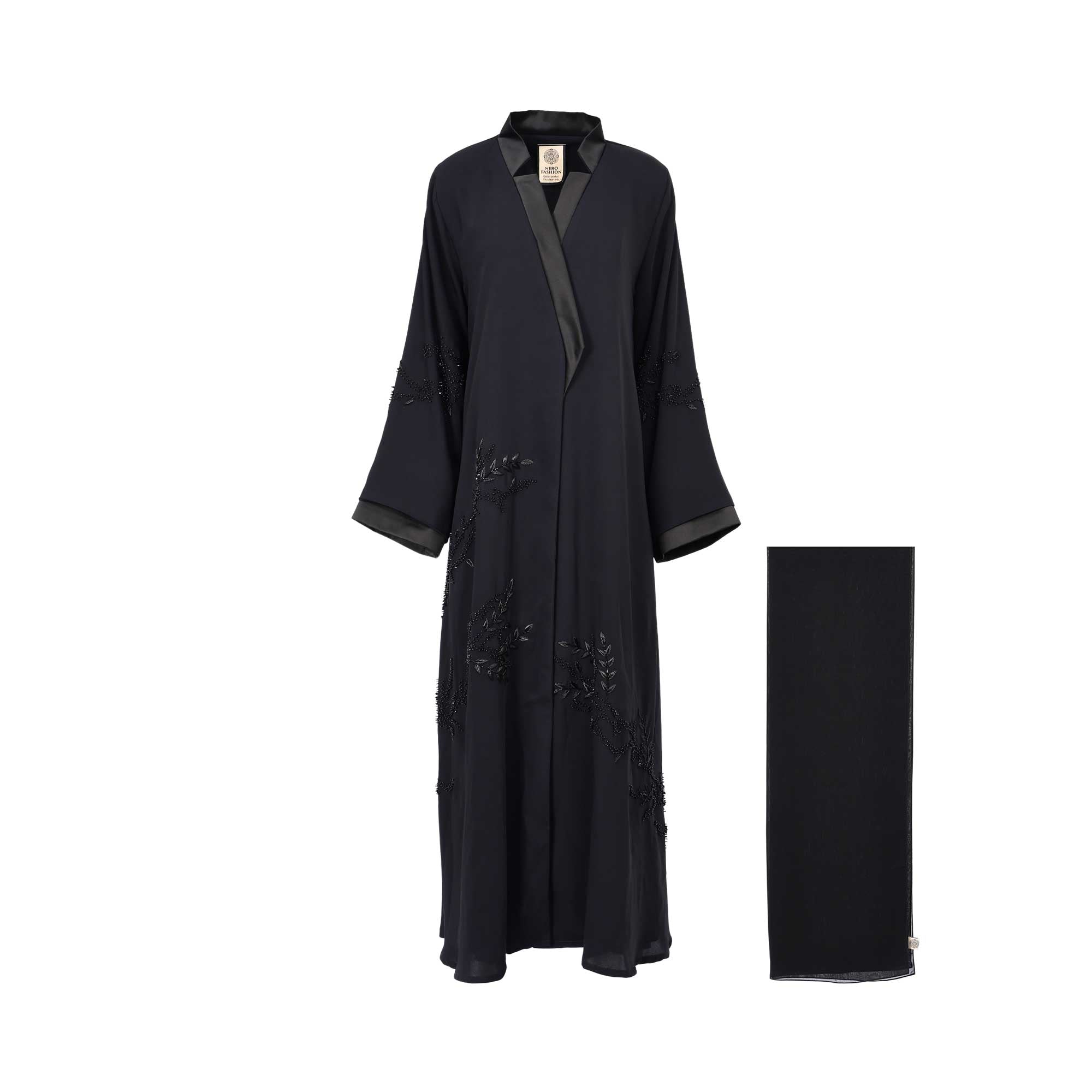 Front view of the Nero Women's Navy Blue Satin Lapel Embellished Abaya with tonal floral bead embellishment with matching scarf. Order Online Today