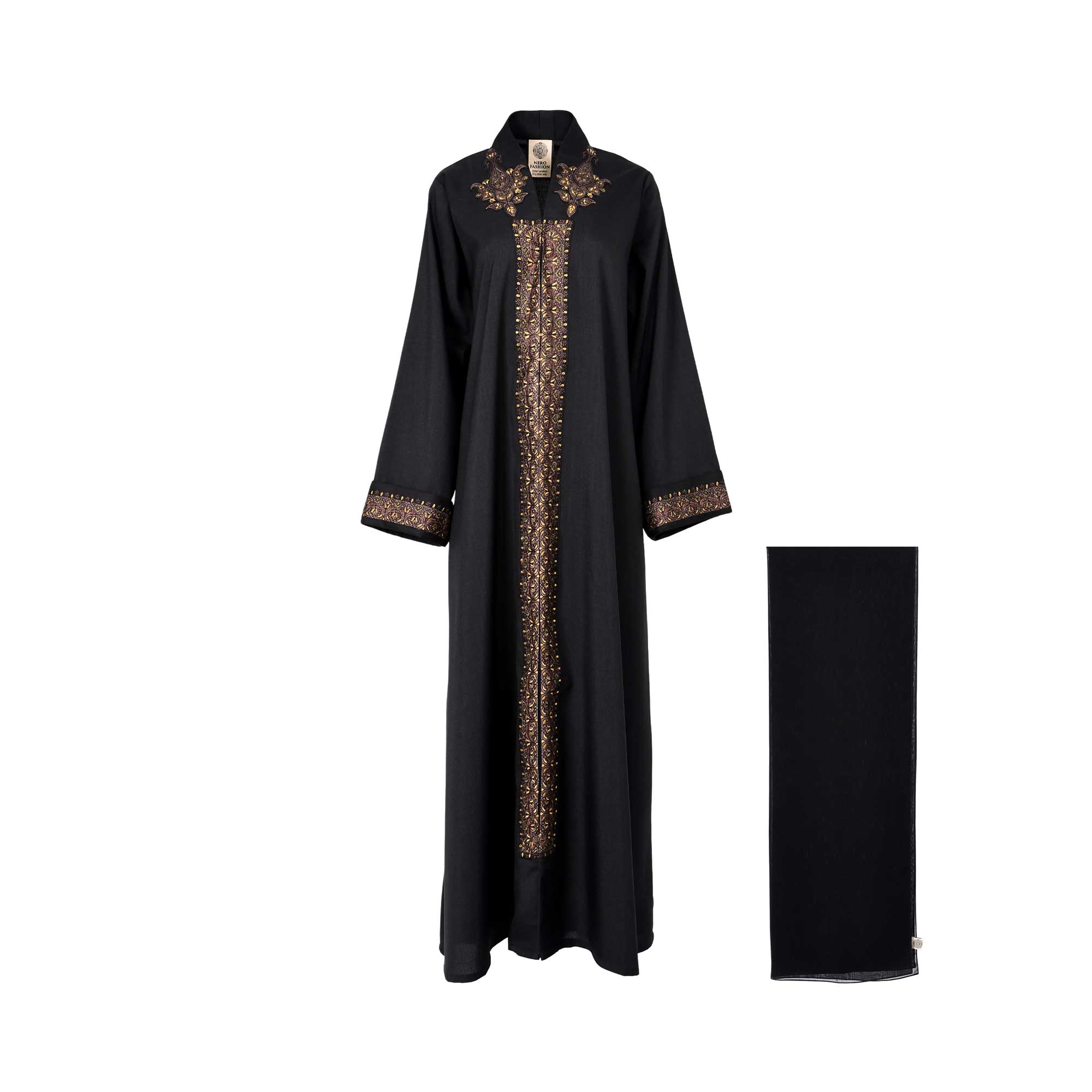 Front view of the Nero women's black embroidered abaya with Brown detailing and matching scarf. Shop the Latest Collection