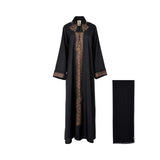 Front view of the Nero women's black embroidered abaya with Brown detailing and matching scarf. Shop the Latest Collection