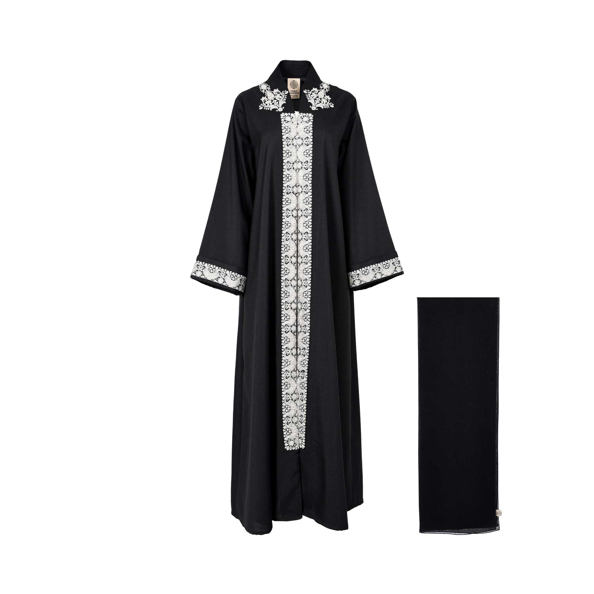 Front view of the Nero women's black embroidered abaya with ivory detailing and matching scarf. Shop the Latest Collection