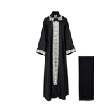 Front view of the Nero women's black embroidered abaya with ivory detailing and matching scarf. Shop the Latest Collection