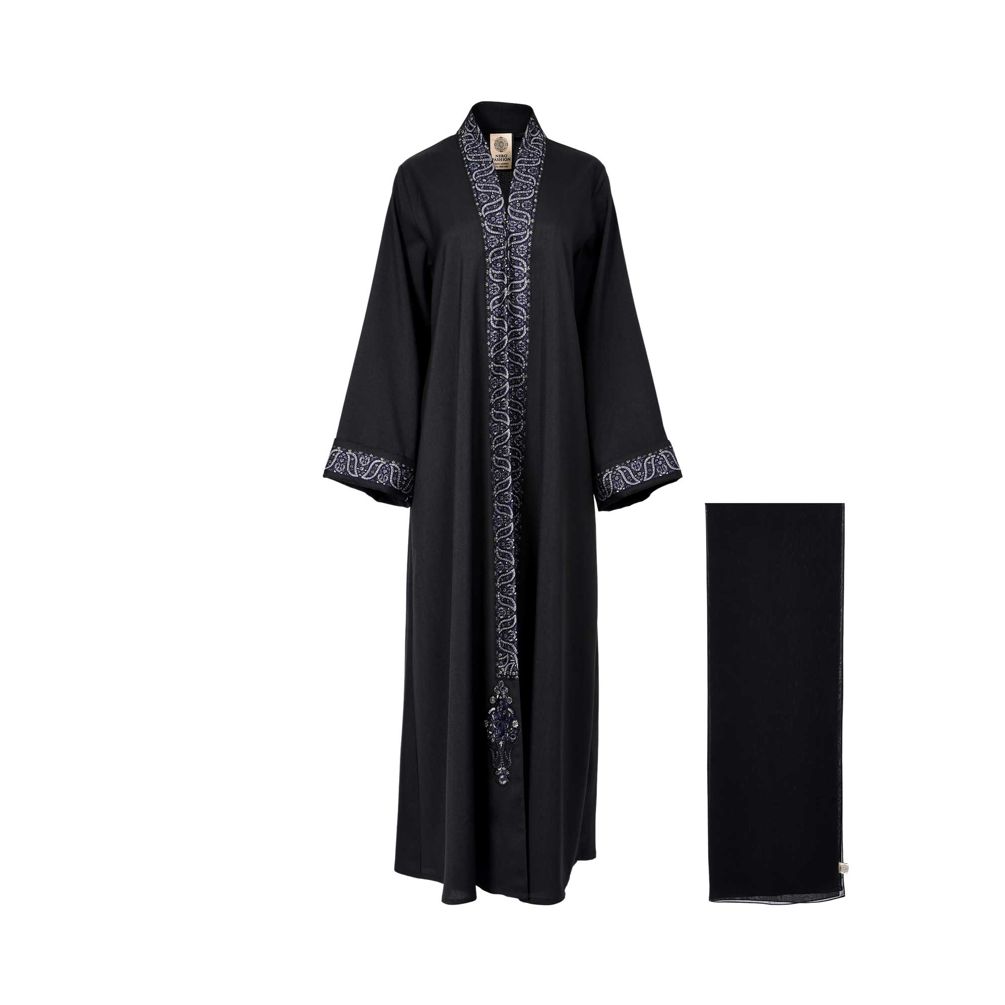 Front view of the Nero women's black embroidered abaya with nay and silver detailing and matching scarf. Shop the Latest Collection