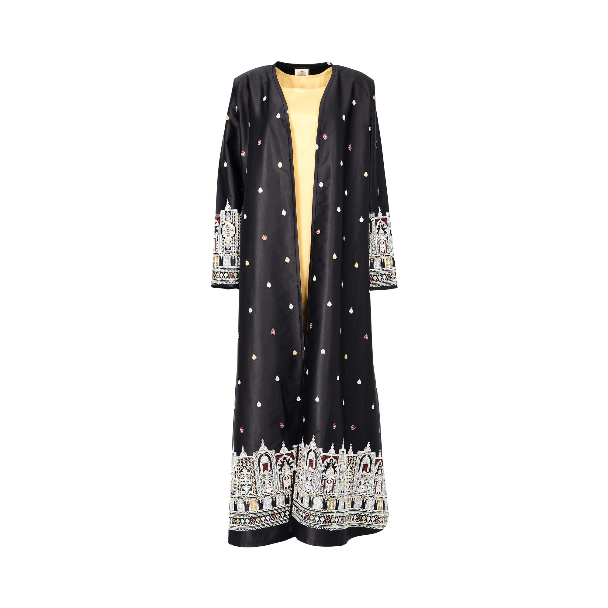 Front view of the Nero women's black embroidered jalabiya set with gold inner dress. Shop the Collection Online