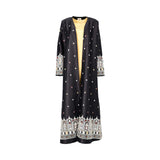 Front view of the Nero women's black embroidered jalabiya set with gold inner dress. Shop the Collection Online