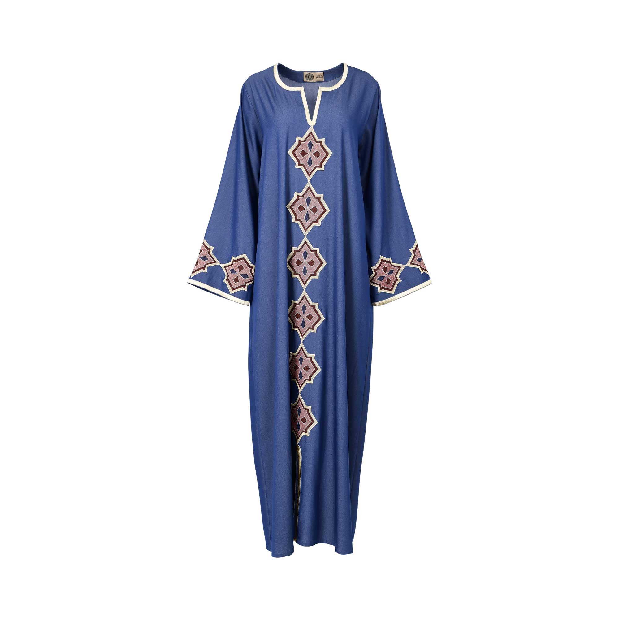 Front view of the Nero women's blue jalabiya with gold geometric embroidery. Available Online Now