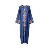 Front view of the Nero women's blue jalabiya with gold geometric embroidery. Available Online Now