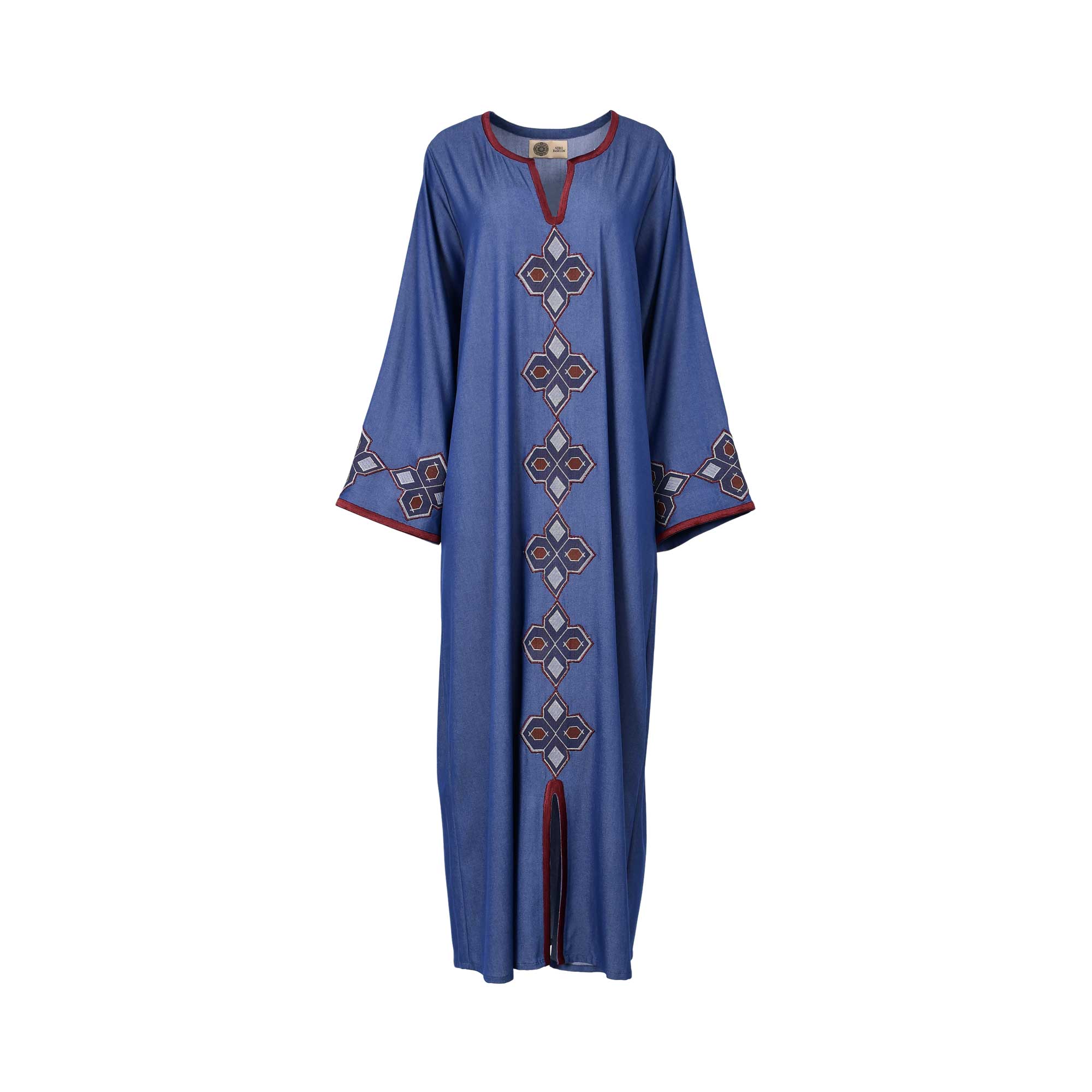 Front view of the Nero women's blue jalabiya with maroon geometric embroidery. Available Online Now