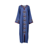 Front view of the Nero women's blue jalabiya with maroon geometric embroidery. Available Online Now