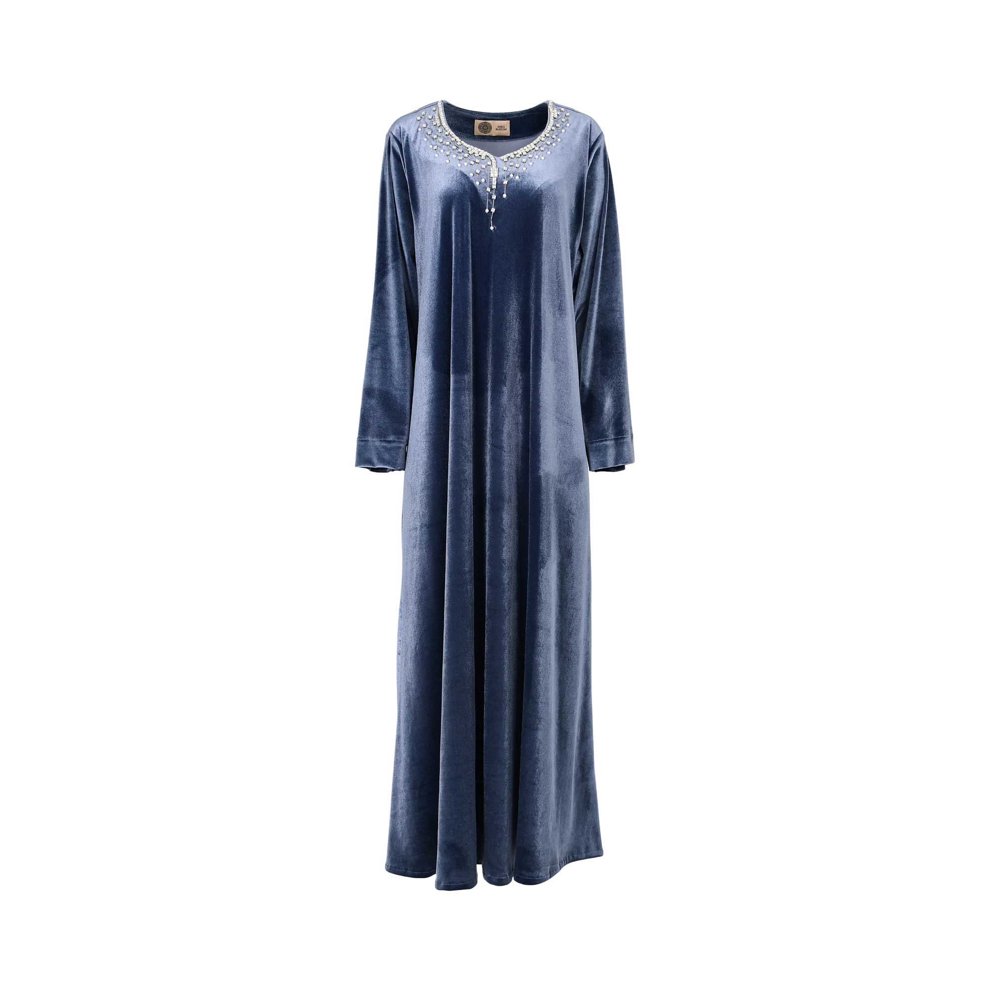 Front view of the Nero women's dark grey velvet embellished jalabiya. Find Now Online.