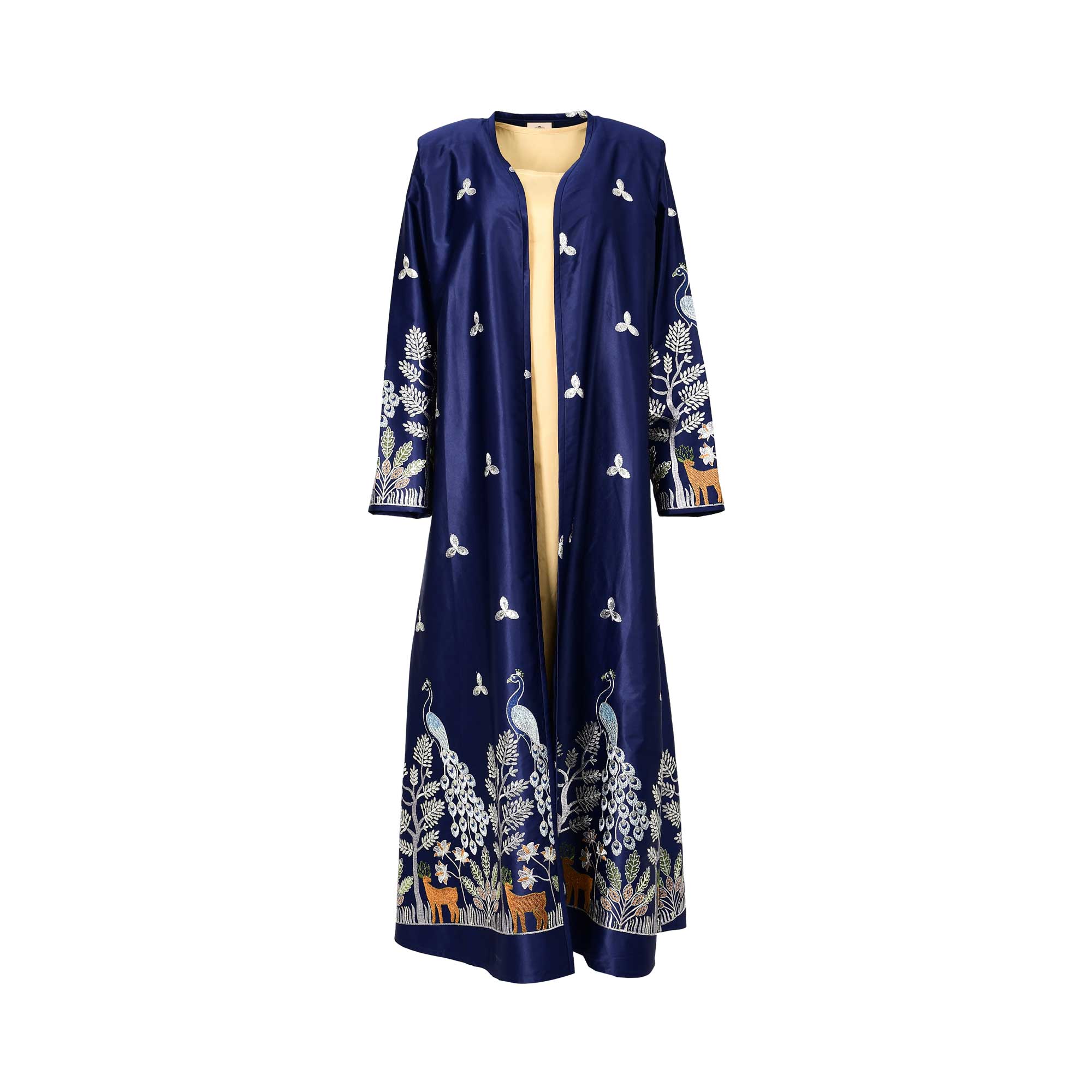 Front view of the Nero women's navy blue embroidered jalabiya set with gold inner dress. Shop the Collection Online