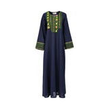 Front view of the Nero women's navy blue embroidered jalabiya with green embroidery panel. Shop the Latest Collection Online